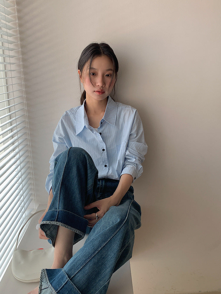 【LD003】實拍中性棉100氣質寬鬆條紋襯衫251103