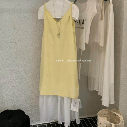 【L7003】Y.JIA韓系簡約休閒風✨百搭寬鬆顯瘦假兩件V領無袖連身洋裝260602