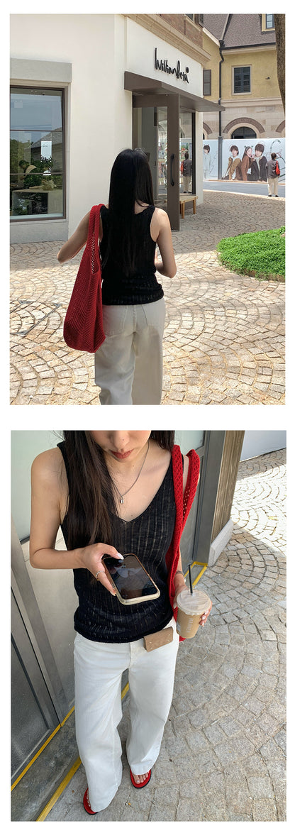 【H5208】實拍夏天簡約羅紋肌理卷邊針織背心250422