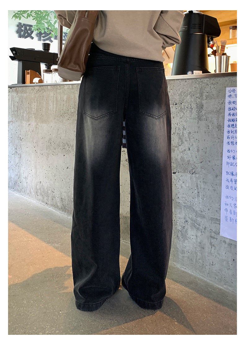 【H5402】實拍復古做舊洗水黑灰色廓形牛仔褲250902