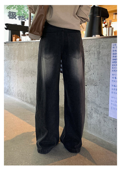 【H5402】實拍復古做舊洗水黑灰色廓形牛仔褲250902