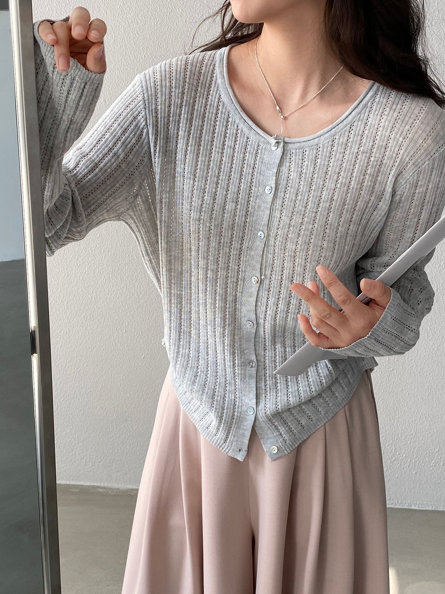 【cimzW6005】早春韓系溫柔☁️捲邊領鏤空薄款羊毛針織小外套/罩衫260319