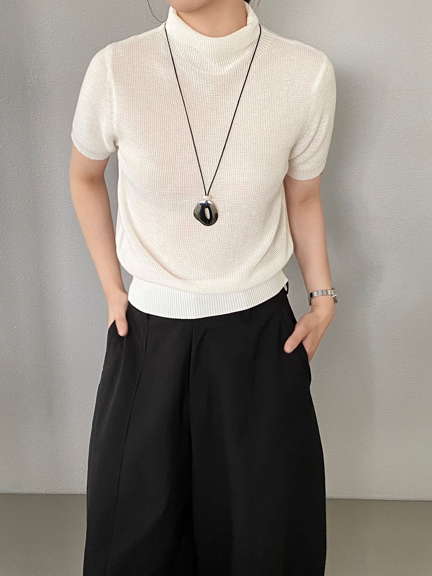 【cimz0663】實拍四季隨意搭☁️韓系半高領顯瘦短袖針織T恤/上衣260409