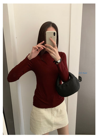 【H568】實拍基礎款木耳邊半高領純色打底衫251021