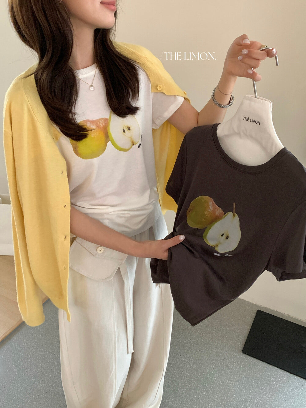 【L10283】實拍檸檬家檸檬圓領正肩小青梨印花短袖T恤260310