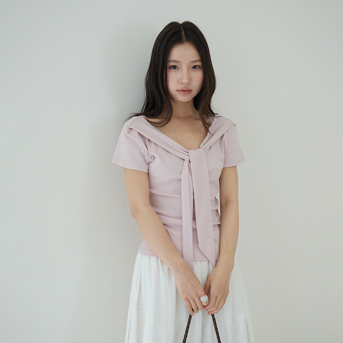 【LD11174】實拍設計感韓系絕美粉色帶披肩/綁帶假兩件短袖T恤260317