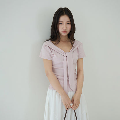 【LD11174】實拍設計感韓系絕美粉色帶披肩/綁帶假兩件短袖T恤260317