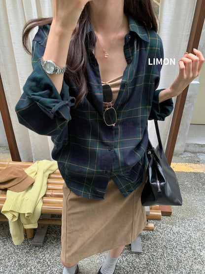 【L11323】檸檬家柠檬復古大格長袖襯衫