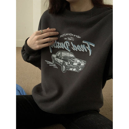 【H573】實拍美式汽車印花寬鬆圓領衛衣251021