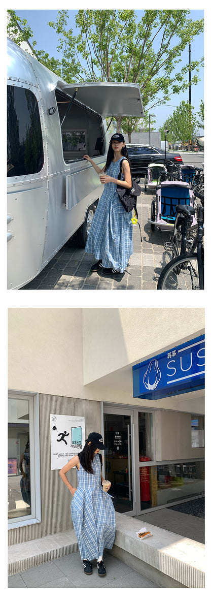 【H5290】實拍夏天韓國復古藍格個性花苞長洋裝＋小包250603