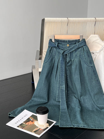 【cimz6517】實拍韓系簡約休閒風✨高腰顯瘦綁帶A字長版牛仔裙260409