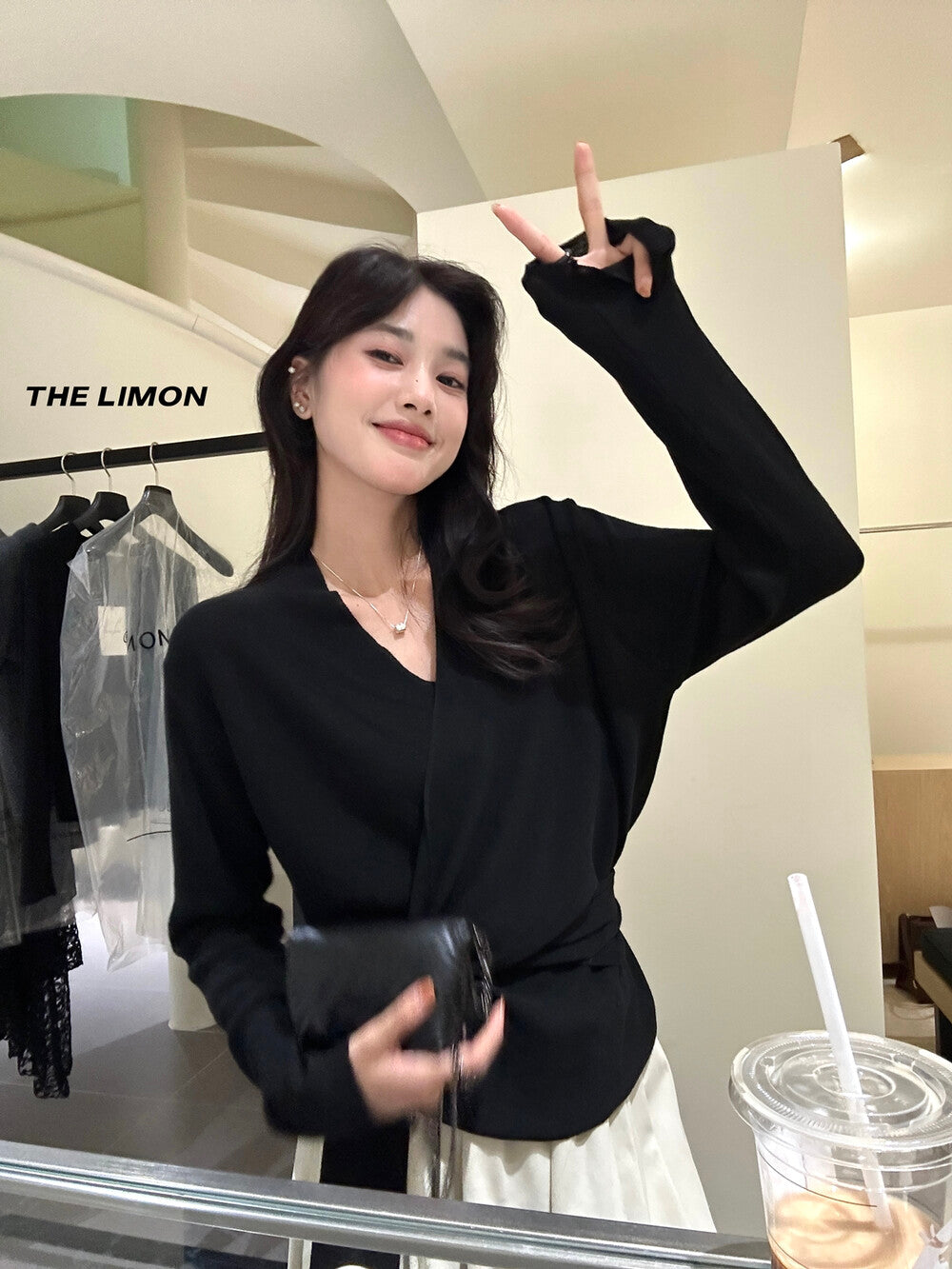 【L99902】實拍檸檬家鬆弛設計感綁帶V領長袖針織衫250901