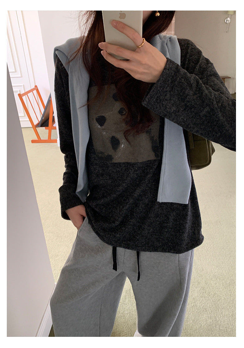 【H5499】實拍 復古磨毛狗狗印花長袖T恤251118