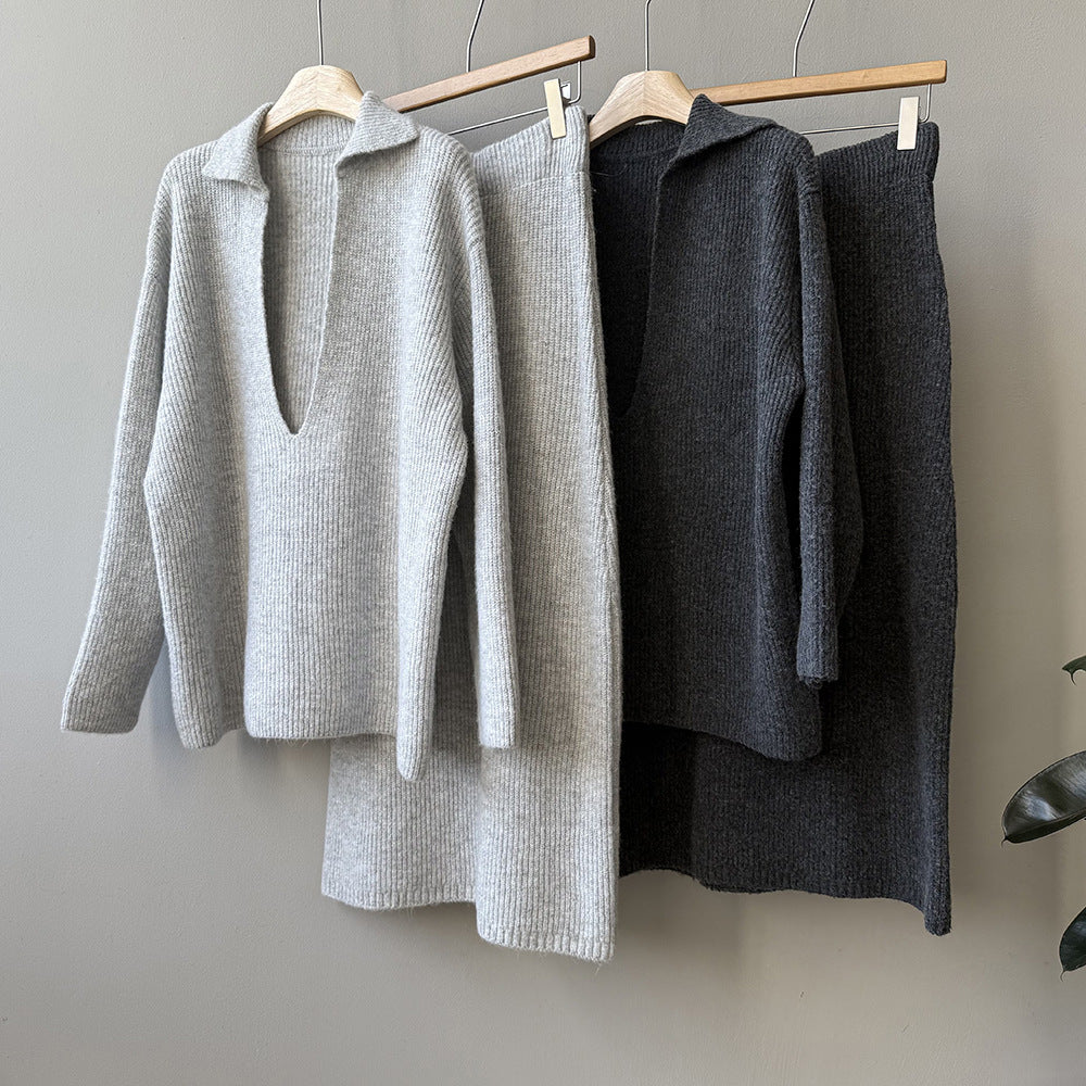 【YP680】 實拍深V慵懶毛衣＋針織長裙(含羊6%) 套裝251023