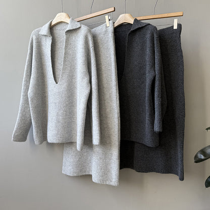 【YP680】 實拍深V慵懶毛衣＋針織長裙(含羊6%) 套裝251023