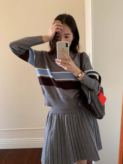 【H5518】實拍復古中性條紋針織衫＋針織百褶裙251125