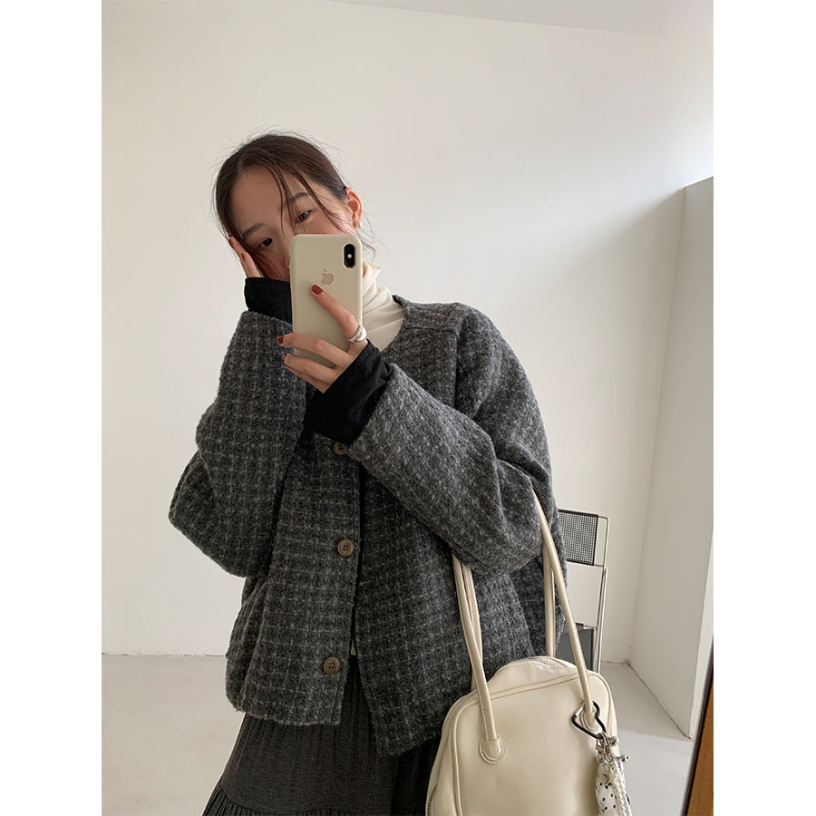 【H5475】實拍小香風粗花呢氣質保暖夾棉外套251109