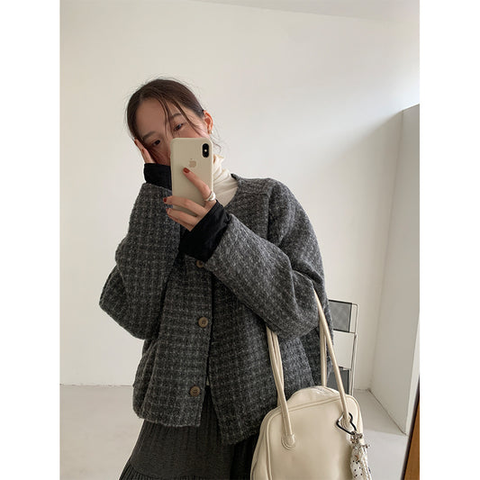 【H5475】實拍小香風粗花呢氣質保暖夾棉外套251109