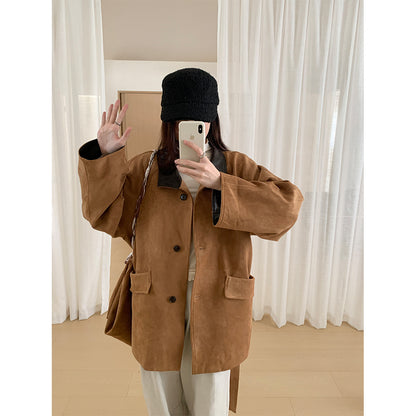 【H569】實拍復古個性皮革拼麂皮絨大衣外套＋麂皮肩背包251021