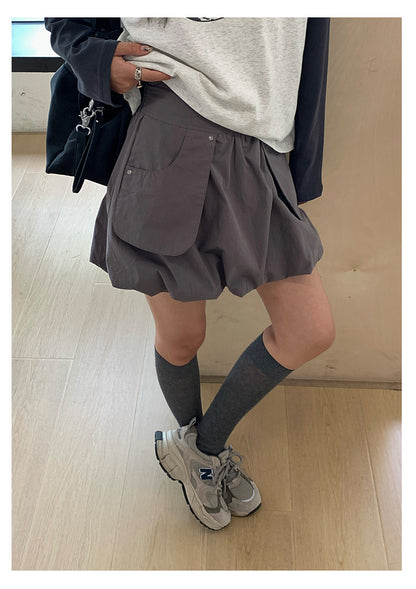 【H5419】實拍韓系美少女工裝褶皺高腰花苞裙250909