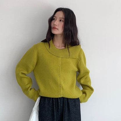 【LD11002】實拍秋冬法式設計感斜領針織毛衣外套251110