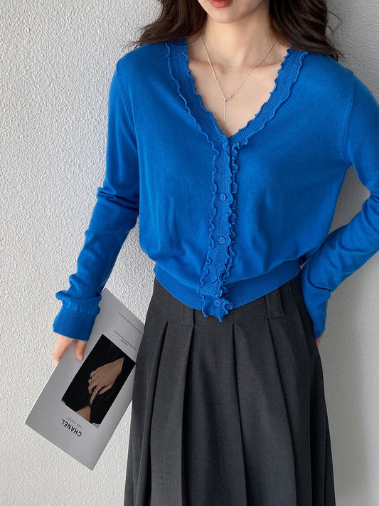 【cimz5643】韓系清新氧氣感🍃寬鬆顯瘦木耳邊V領花邊薄款針織上衣260319