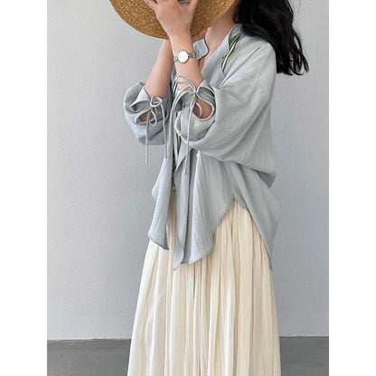 【cimz1766】實拍春日小蒼蘭🌸浪漫輕法式附絲巾綁帶寬鬆百搭襯衫260311