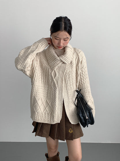 【LD3297】實拍復古立體厚實絞花大翻領毛衣外套251103