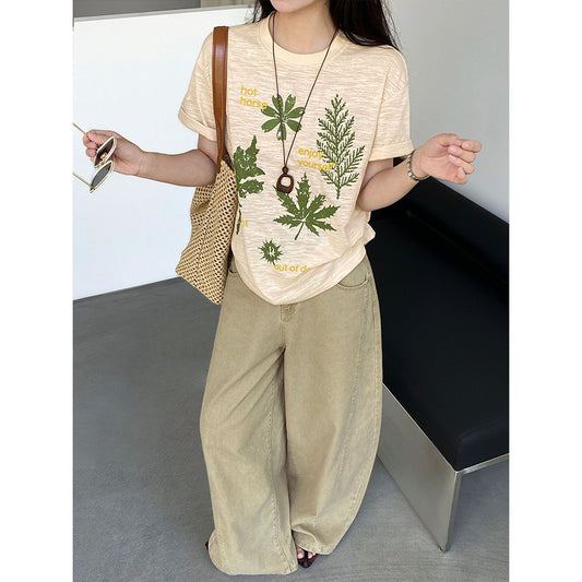 【cimz1973】夏日森林系女孩🍃韓系復古樹葉印花寬鬆高級感短袖T恤260709