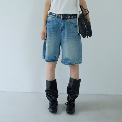 【LD11214】實拍美式復古休閒👖高腰水洗寬鬆直筒牛仔五分褲/中褲260331