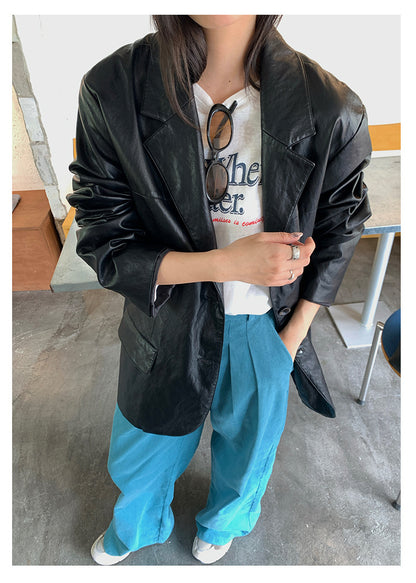 【H5398】實拍韓系高級感黑色皮衣西裝外套250902