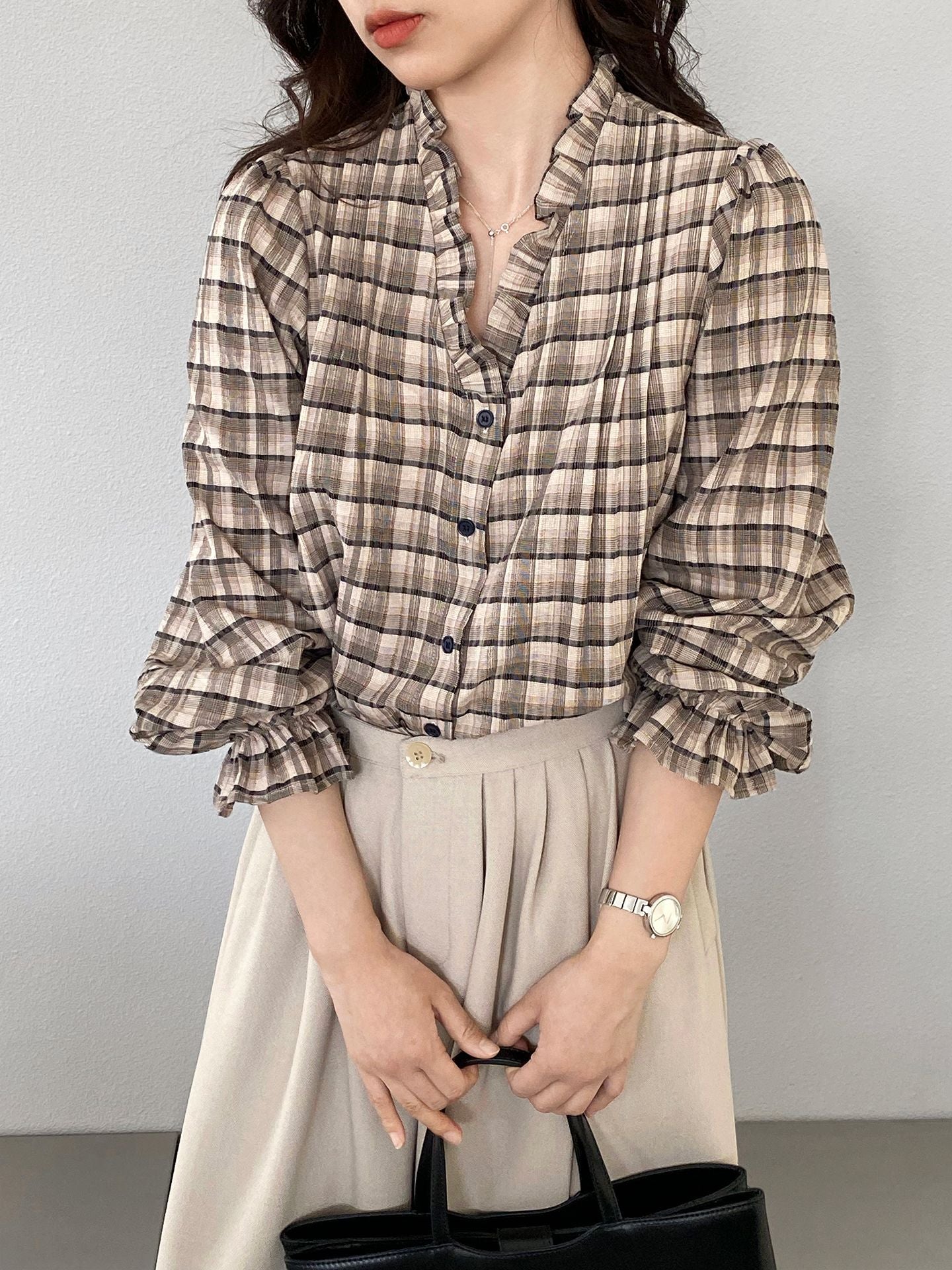 【cimz6509】復古浪漫主義🌹精緻木耳邊格紋長袖襯衫260319