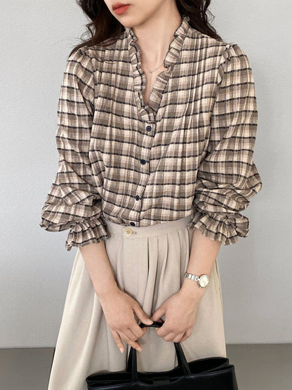 【cimz6509】復古浪漫主義🌹精緻木耳邊格紋長袖襯衫260319