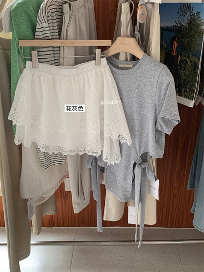 【L8531】實拍檸檬不規則設計綁帶短袖T恤+蕾絲花邊裙 套裝250421