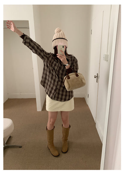 【H570】實拍復古寬鬆毛呢格子襯衫外套251021