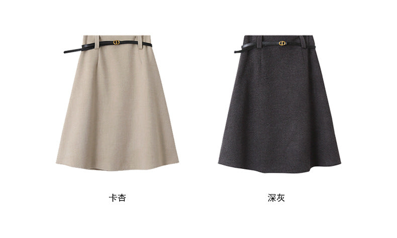 【LD11070】實拍氣質毛呢A字傘裙＋腰帶251209