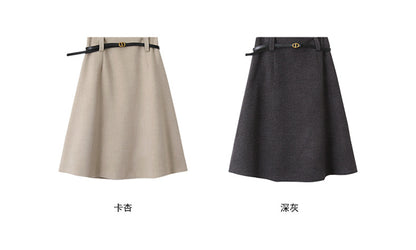 【LD11070】實拍氣質毛呢A字傘裙＋腰帶251209