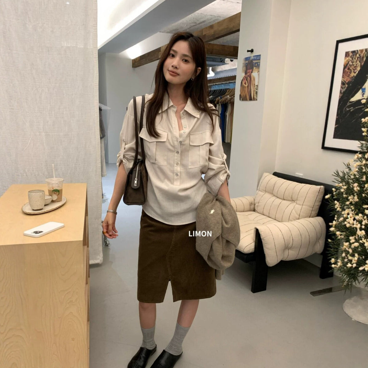 【L11321】檸檬家慵懶率性・工裝風寬鬆翻領長袖襯衫260921