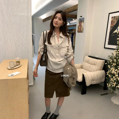 【L11321】檸檬家慵懶率性・工裝風寬鬆翻領長袖襯衫260921