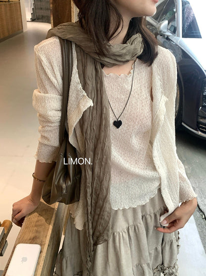 【L11075】檸檬秋季新品時髦肌理感木耳邊長袖小外套+背心兩件套裝260728