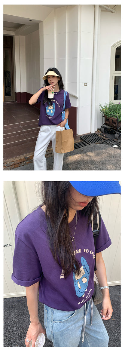 【H5165】實拍夏天帶一隻貓咪出門印花寬鬆短袖250407