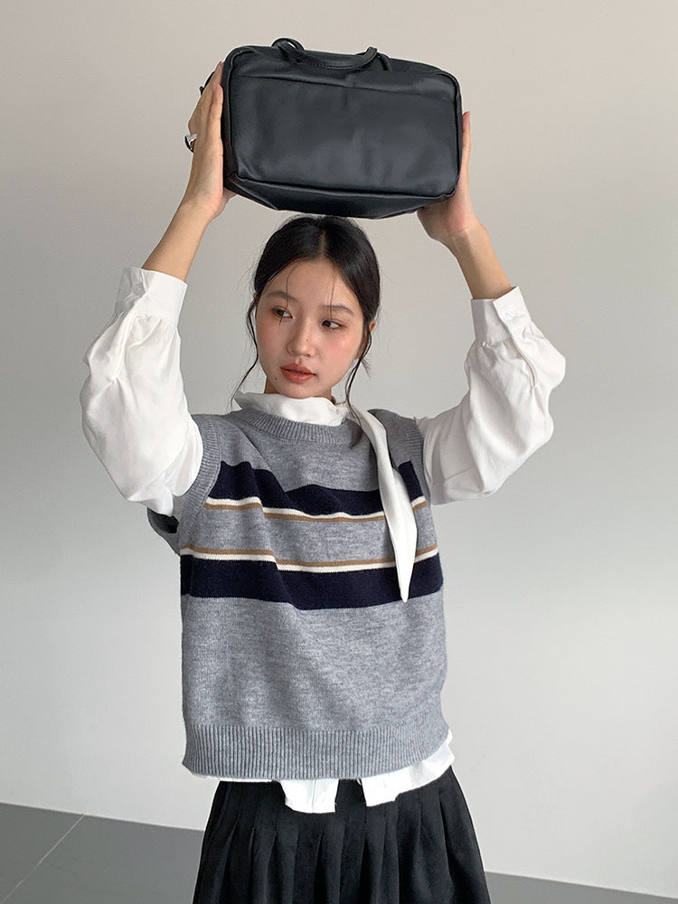 【LD11014】實拍學院感條紋圓領針織毛衣251110