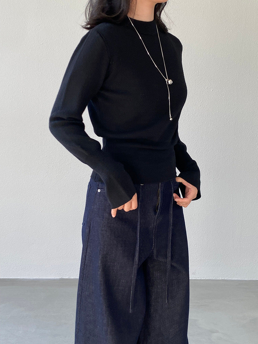 【cimz3012】實拍韓系氣質半高領喇叭袖收腰針織衫251201