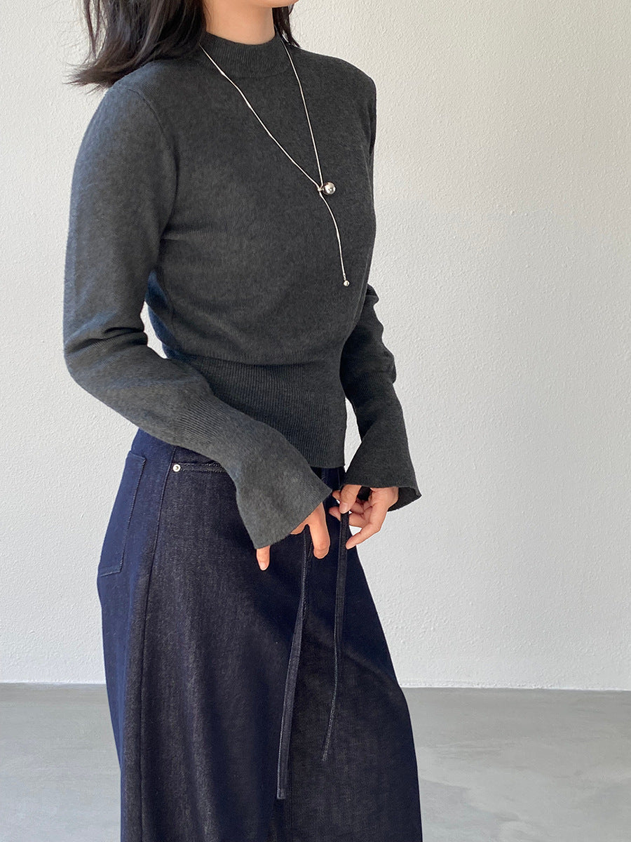 【cimz3012】實拍韓系氣質半高領喇叭袖收腰針織衫251201