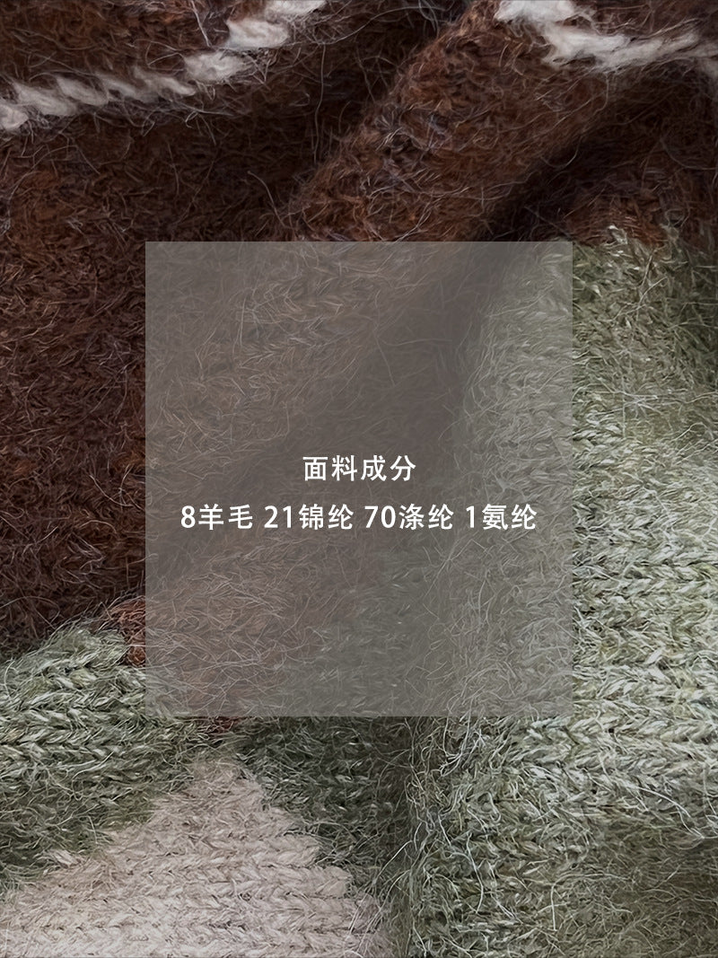 【cimzU1458】實拍韓系復古格紋 V 領長袖針織毛衣260108