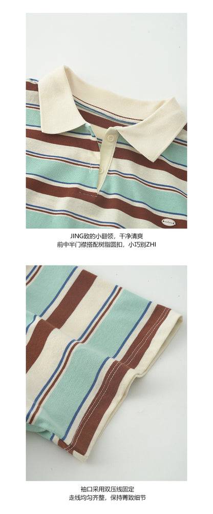 【H5169】實拍夏天復古條紋polo領寬鬆T恤250407