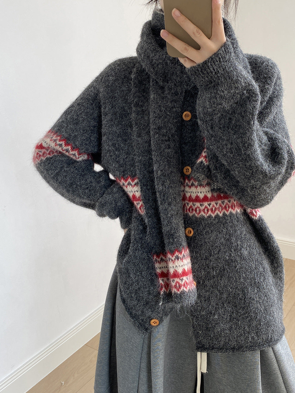 【YP6106】 實拍費爾島提花針織外套＋圍巾(含羊毛3%) 251023