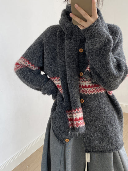 【YP6106】 實拍費爾島提花針織外套＋圍巾(含羊毛3%) 251023