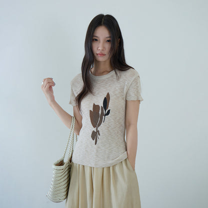 【LD11331】氣質百搭款！溫柔復古花朵印花透氣棉麻短袖針織衫/上衣

260615