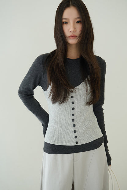 【LD11159】實拍修身顯瘦必備！假2件細肩帶背心+長袖針織衫260309